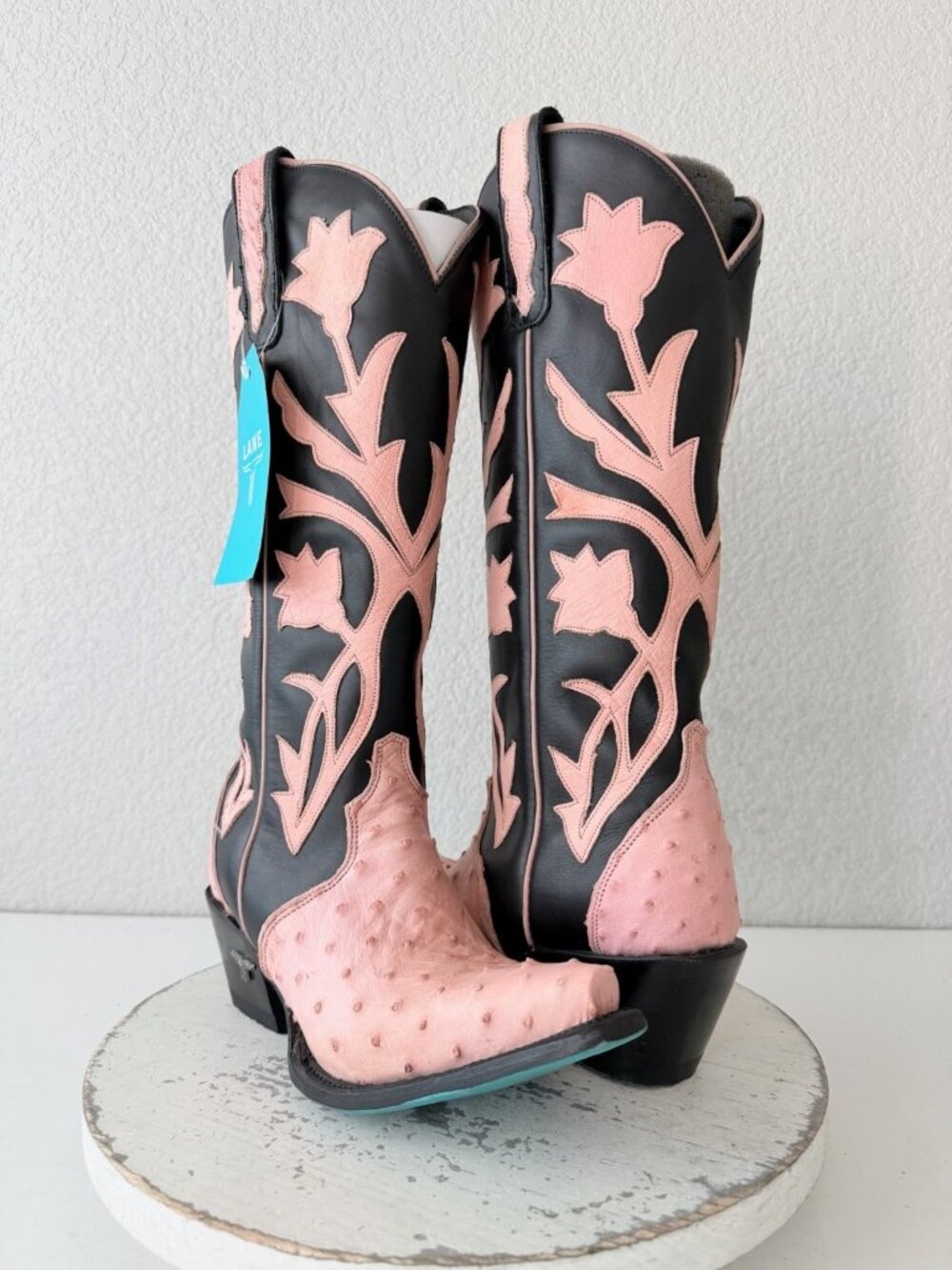 Lane Jolene Pink Ostrich Black Cowboy Boots Womens 6.5 Western Cowgirl Snip Toe
